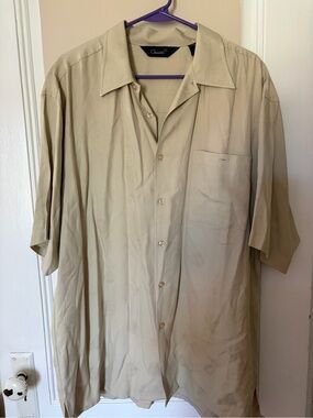 Men's Beige Silk Short-Sleeve Button-Down Shirt